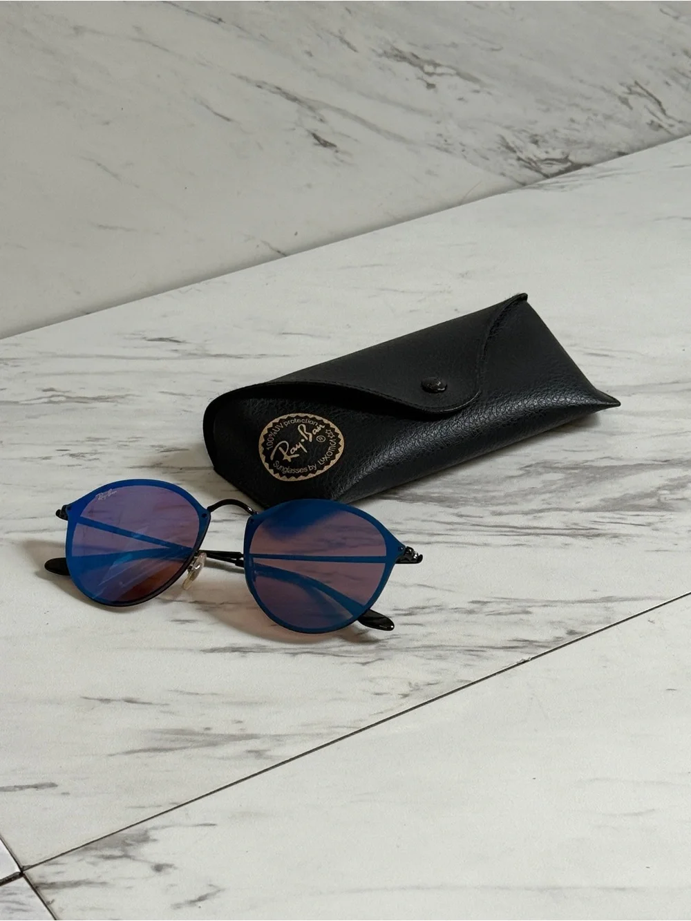 Ray-Ban Blaze Round Blue Mirror Shield Black Frame Sunglasses RB3574N